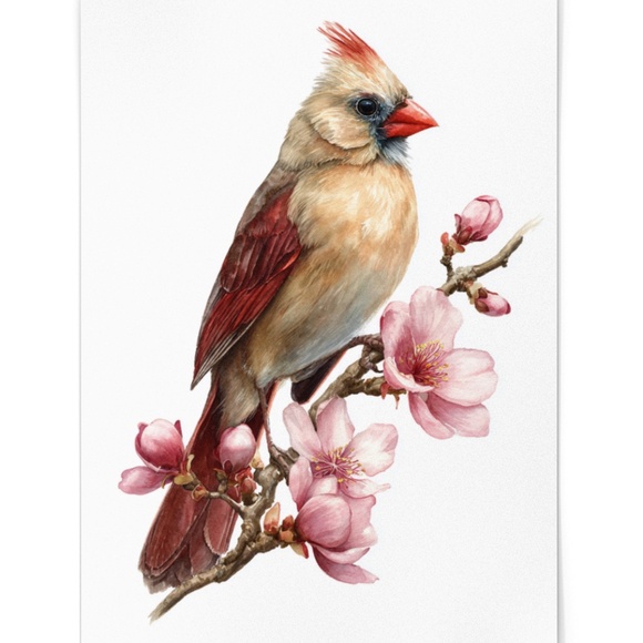 Watercolor Female Cardinal Bird with Flowers Wall Art Print Unframed - Picture 2 of 7